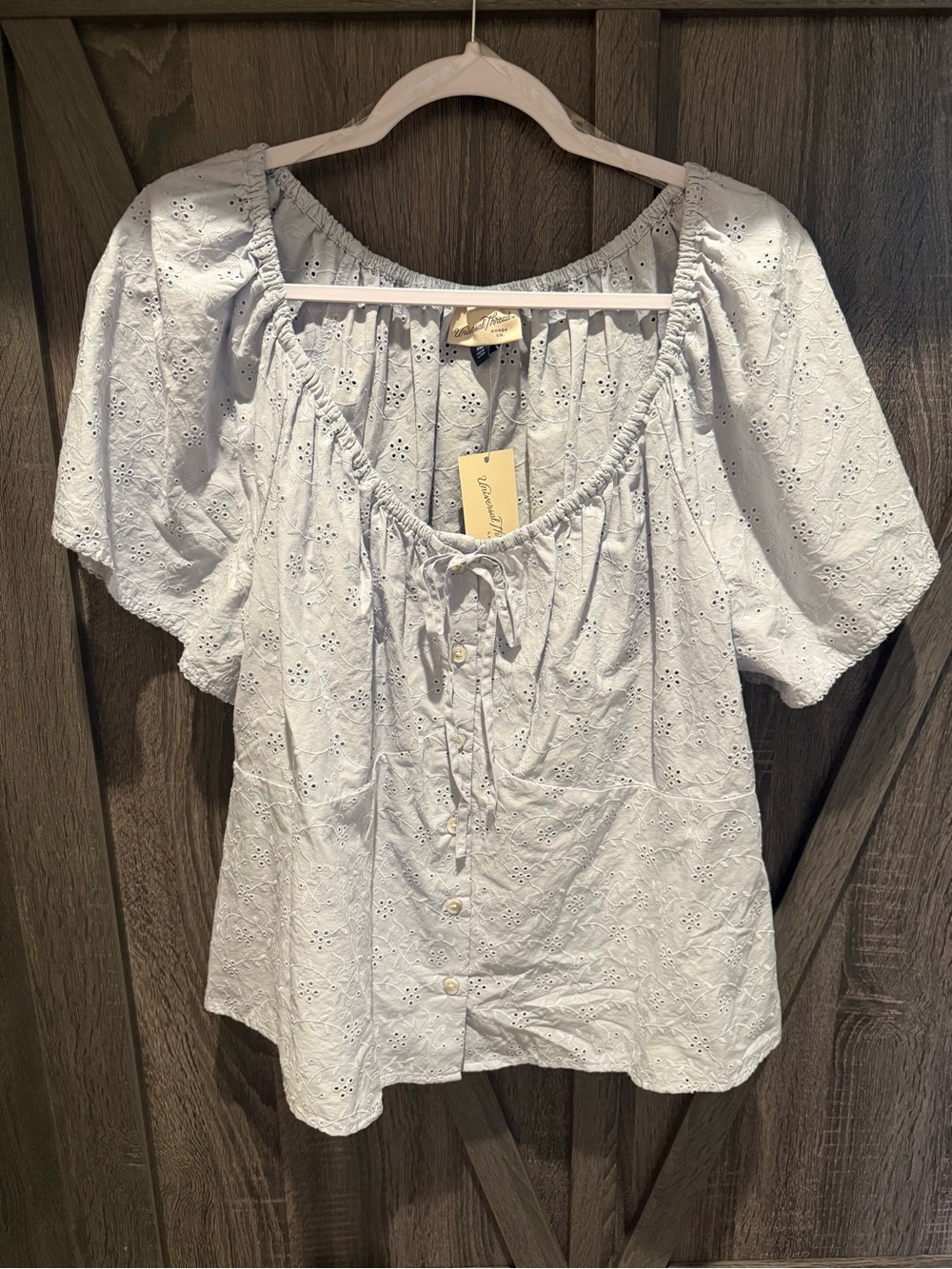 Universal Thread Light Blue Eyelet Tie-Front Peasant Top